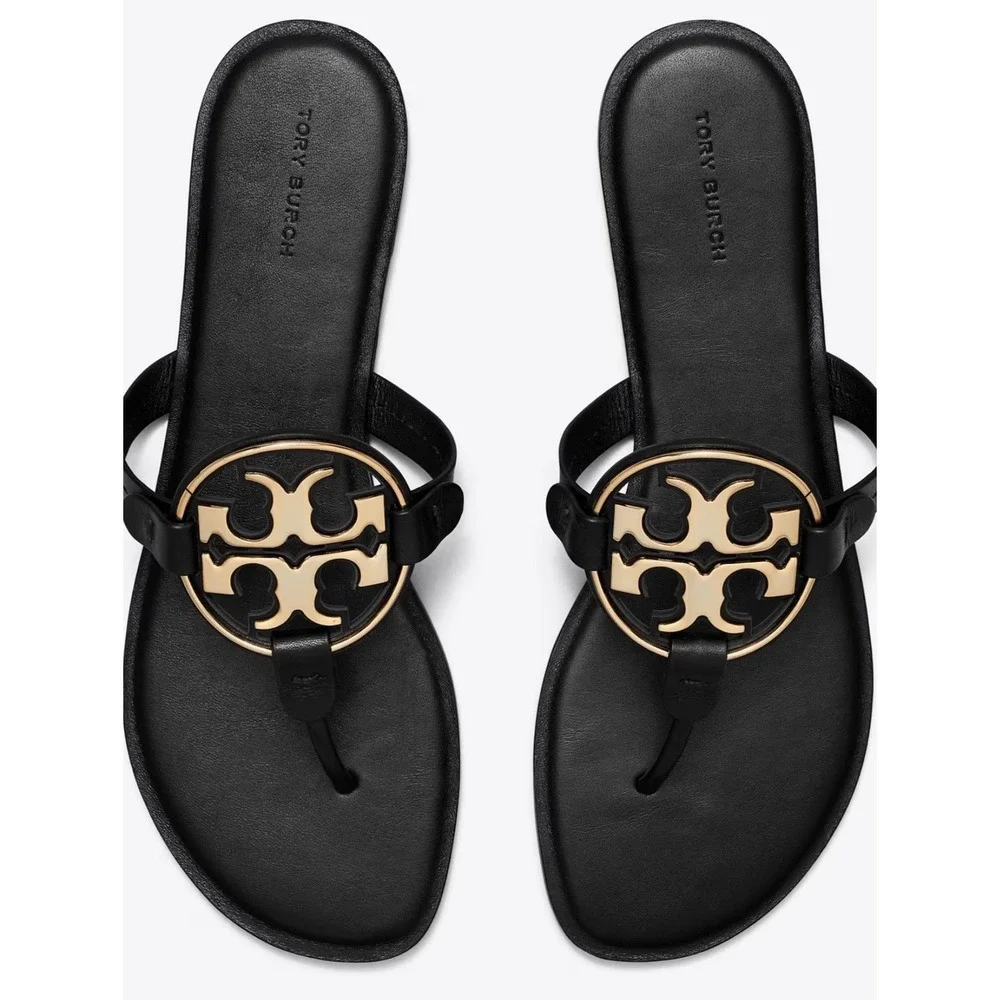 Tory Burch Metal Miller Sandal Black Leather Gold Logo Thong Flip Flop Womens 10